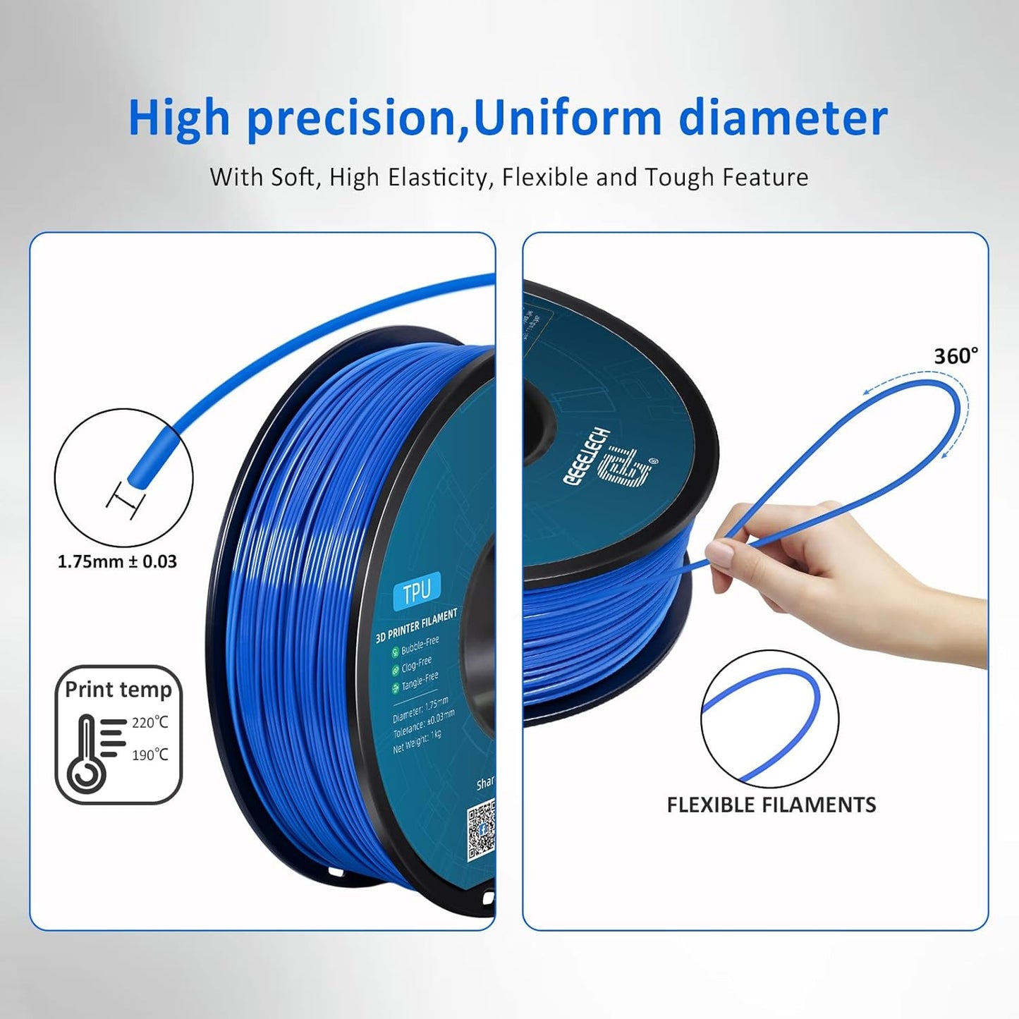 Geeetech TPU Filament 1.75mm – 95A Flexible 3D Printer Filament with High Elasticity, 1KG (2.2lbs) Spool, Dimensional Accuracy ±0.03mm, Fits Most FDM Printers, Blue