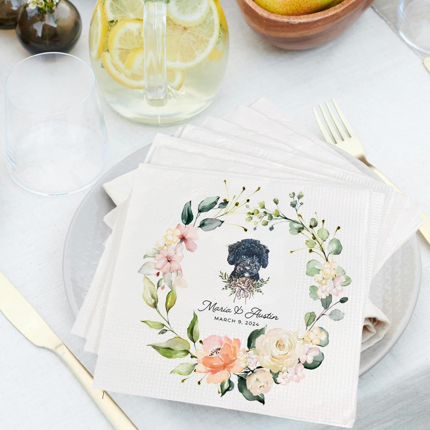 Luxury Personalized Dog Wedding Napkins, Personalized Cocktail Napkins For Bar, Customized Bridal Shower, Engagement Party