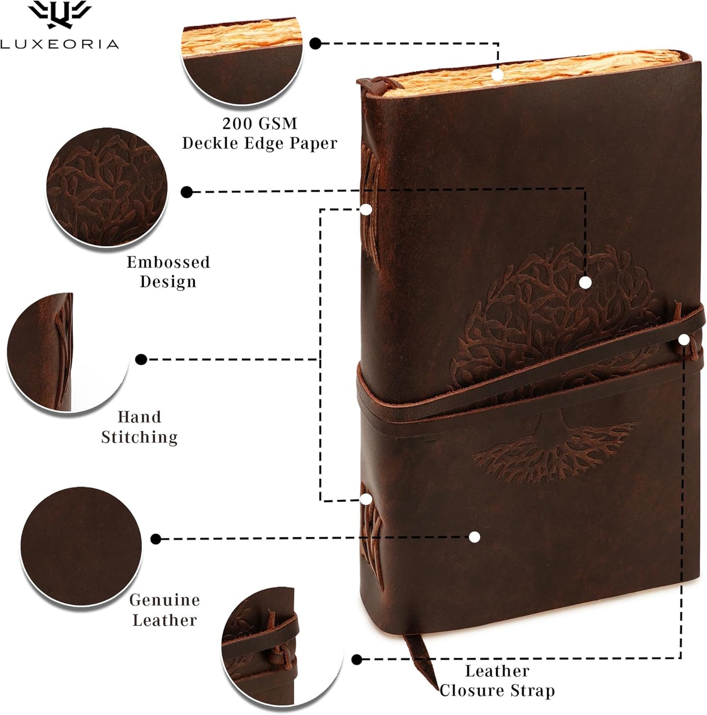 LUXEORIA Tree Of Life Leather Journal for Women and Men, Handcrafted Leather Journal for Writing Womens, Sketchbook, Travel Diary with Unlined Deckle Paper, Vintage Brown 8x13