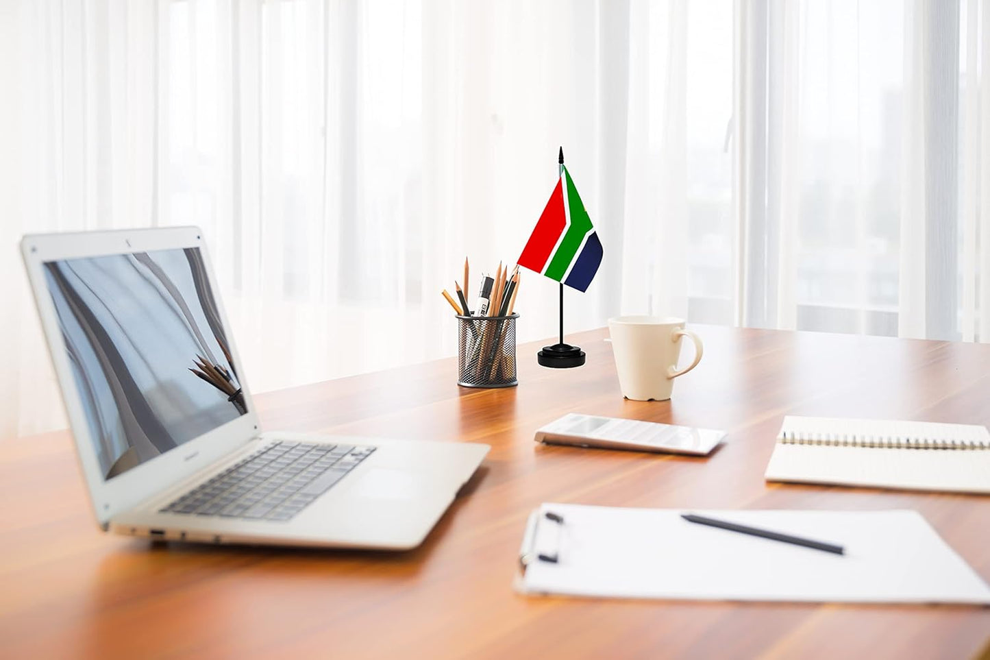 South Africa South African Deluxe Desk Flag Set Small Mini Miniature South Africa South African Table Desktop Flags With Solid Pole, Black Base and Spear Top(2 Pack)