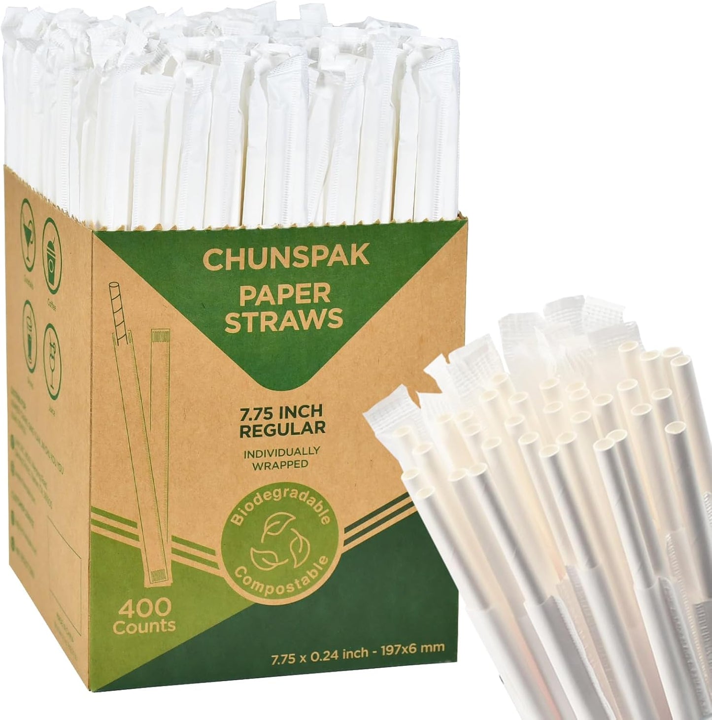 7.75 Inch Disposable Paper Drinking Straws Bulk Individually Wrapped, 0.24" Dia. (Plain White, 400 ct.) - Biodegradable and Compostable