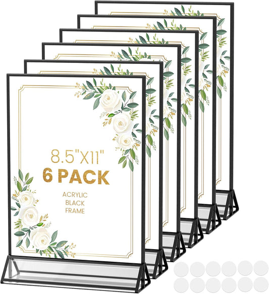 Acrylic Sign Holder 8.5X11 Black Picture Frame Double-Sided Acrylic Frames for Wedding Table Numbers Photo Frames Flyers Menu with Removable Sticky Dots-6 Pack