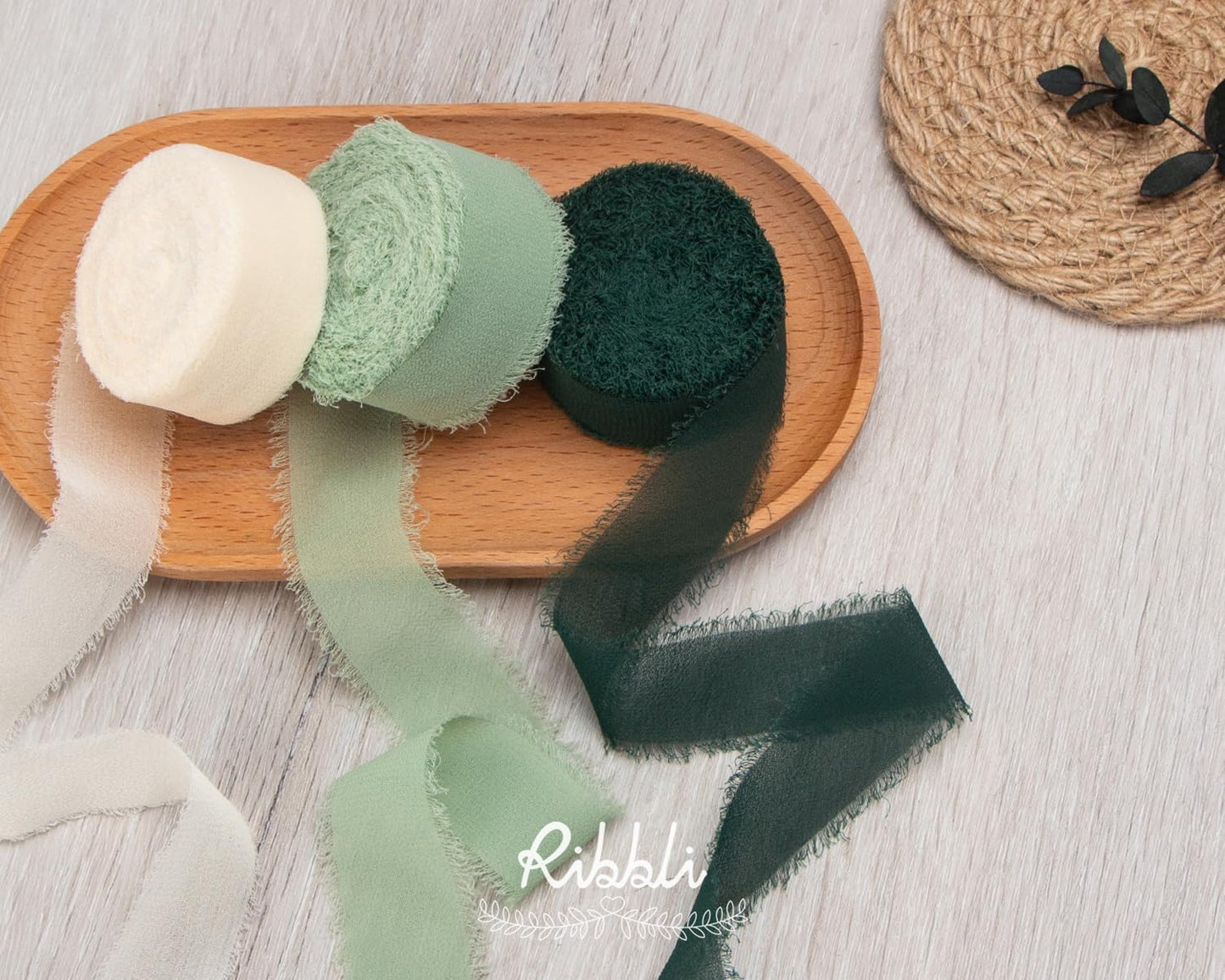 Ribbli Sage Green Ribbon 1 Inch x 3 Rolls Total 24 Yards Green Handmade Fringe Chiffon Silk Ribbon for Wrapping Wedding Invitations Bridal Bouquets DIY Crafts Home Decor
