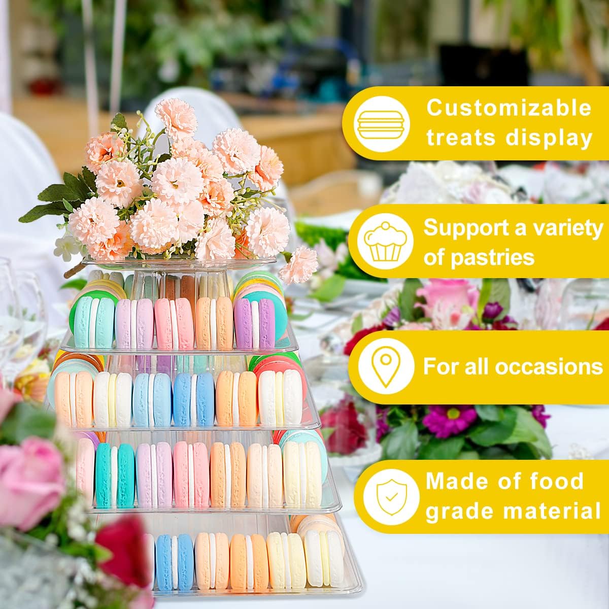 5 Tiers Square Macaron Tower Stand, Plastic Transparent Cake Stand Macaroon Display Rack Desserts Cupcake Holder Platter for Wedding, Birthday Party, Baby Shower, Party Decor