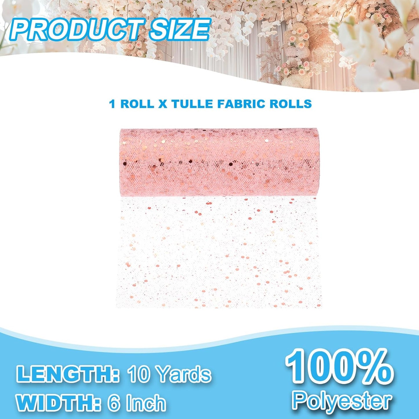 PATIKIL Tulle Fabric Rolls, 6 Inch by 10 Yards Fabric Spool Tulle Sparkling Ribbon Netting Sequin for DIY Tutu Skirts Crafts Wedding Party Decorations, Rose Gold