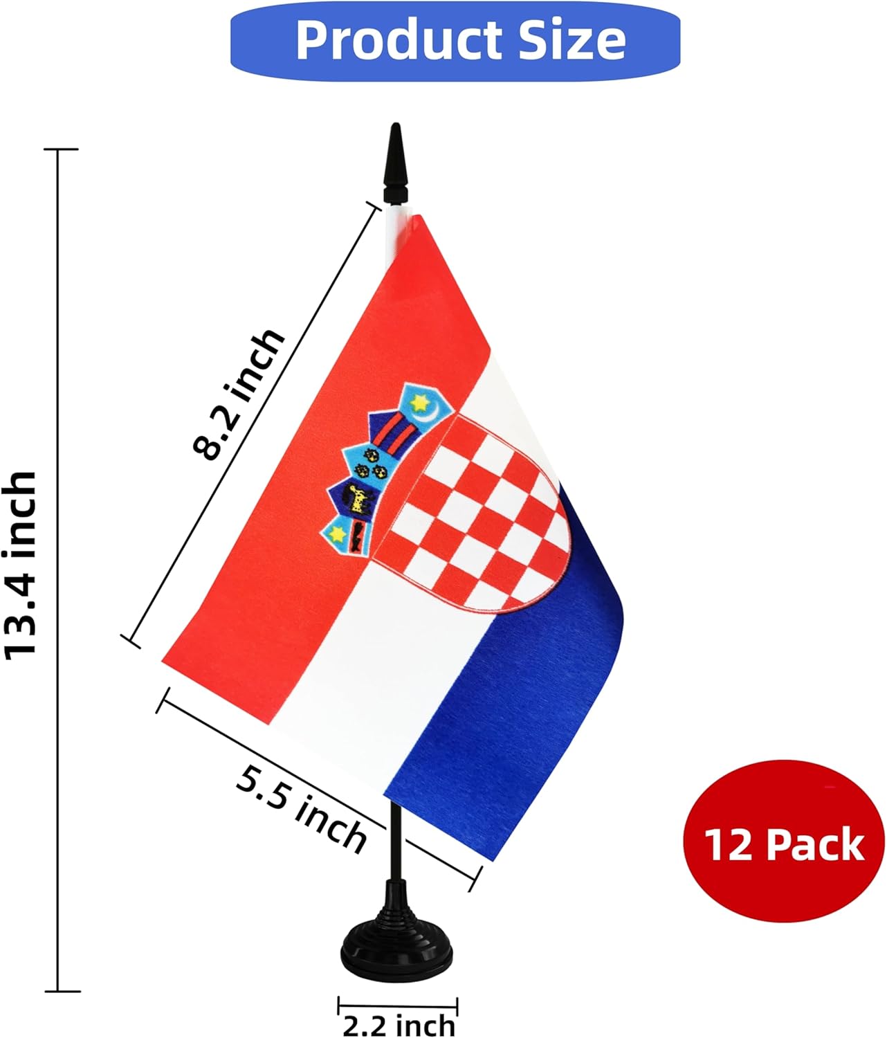 Croatia Desk Flag, 12 Pack Croatian Table Office Flag with Black Solid Pole and Stand Base, International Country Flag, Festival Celebration, Classroom Meeting Desktop Decor (Croatia)