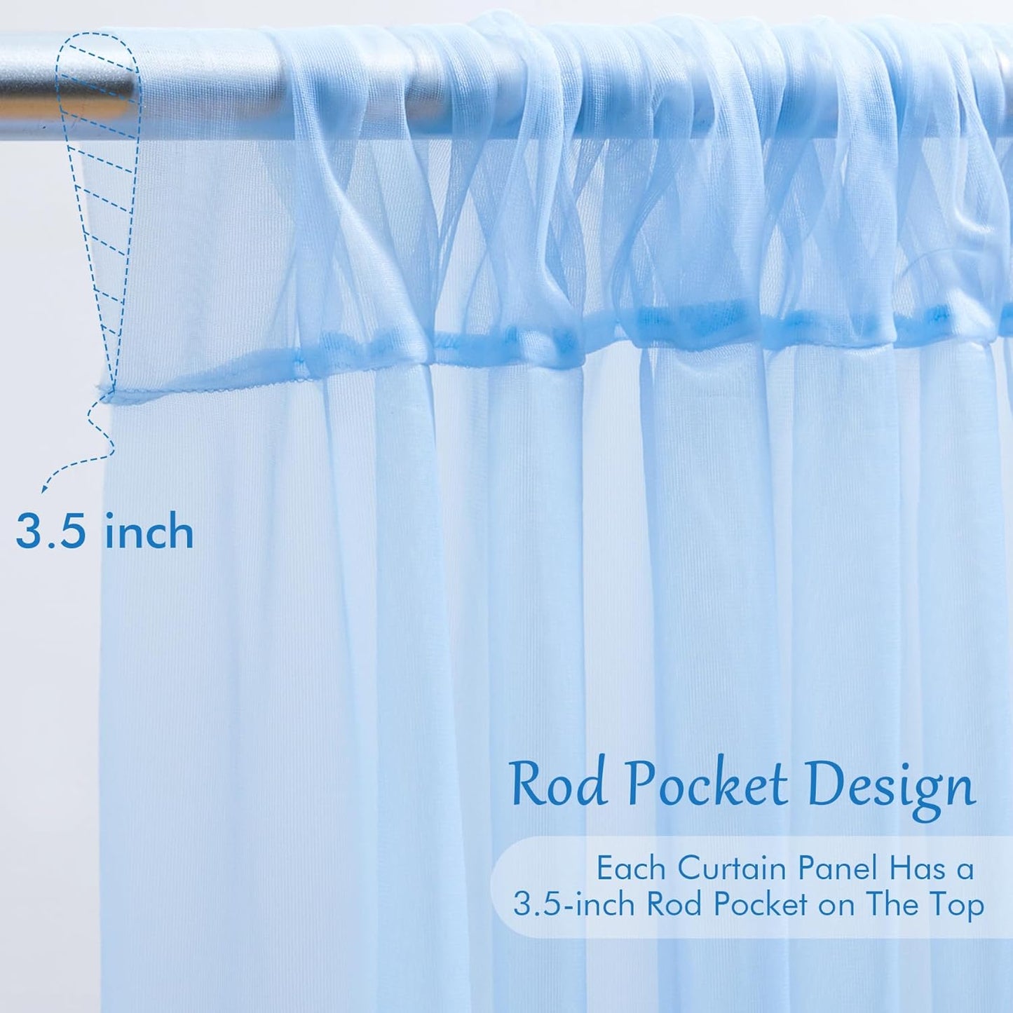 30×10ft Blue Tulle Backdrop Curtain with Lights String for Parties, Sheer Photo Backdrop Curtains for Wedding Party Photography Background