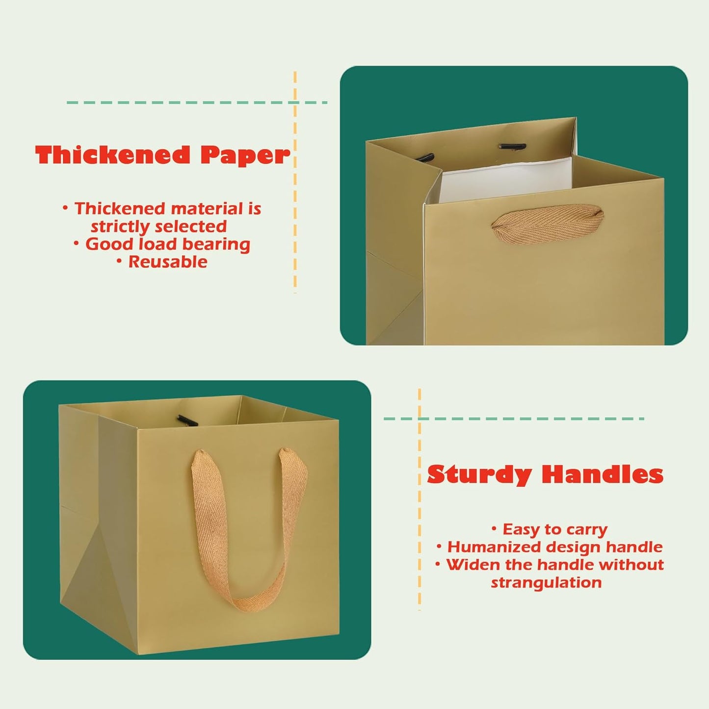 ADIDO EVA Gold Square Gift Bags Medium Size Square Bottom Paper Bags with Handles for Party Favor, Shopping Packaging Bag (10x10x10 In, 10 CT)