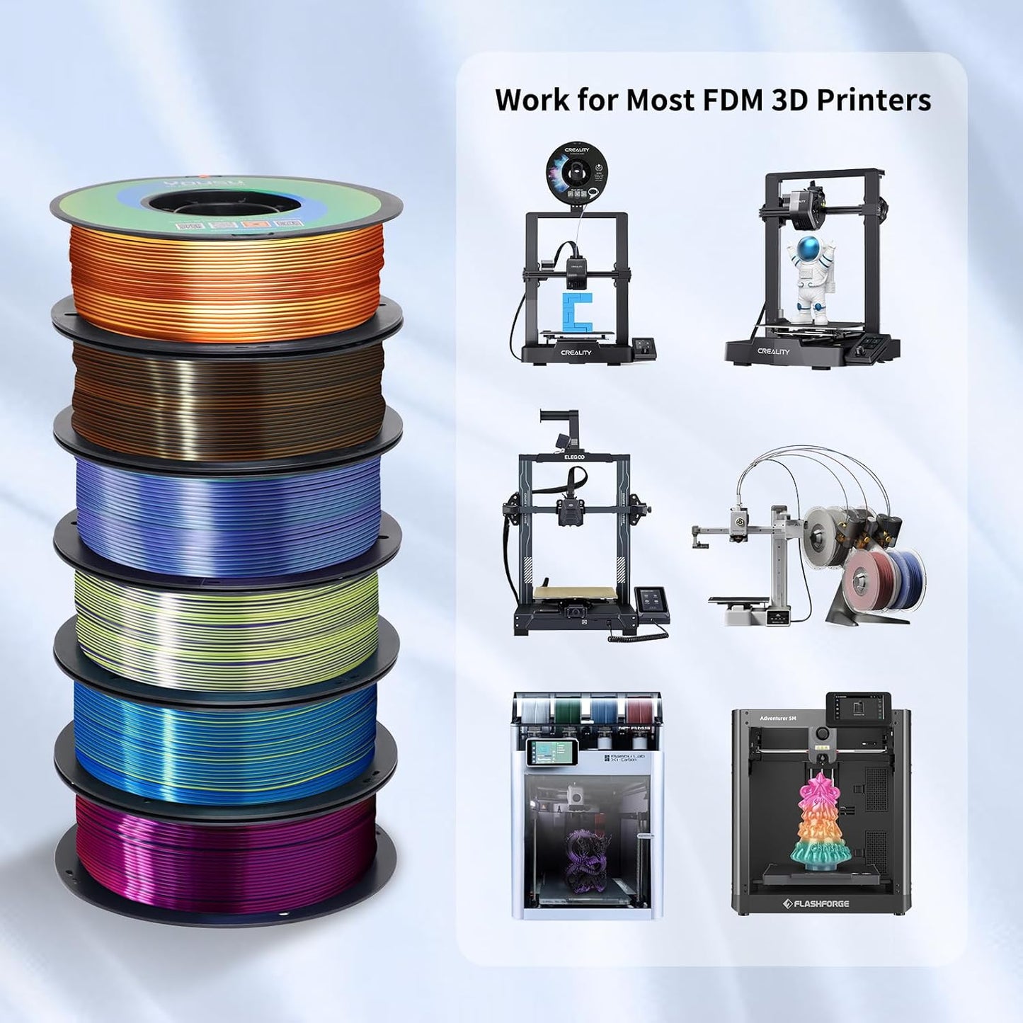 YOUSU 3D Printer Filament Silk PLA Filament Rainbow Color,1.75mm Tri Color Filament 6 * 1kg Pack.