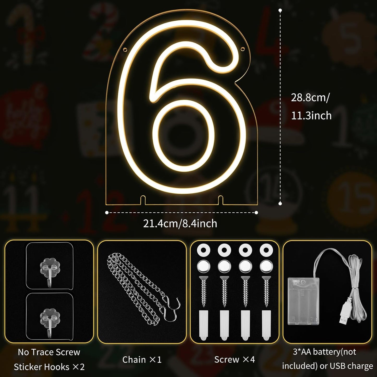 Number 6 LED Neon Sign Backdrop Birthday Party Decoration, 11.3" 11.3" Height Warm White Marquee Six Numbers Light Up Sign for Wedding Anniversary Window Wall Table, Indoor Battery Operated or USB