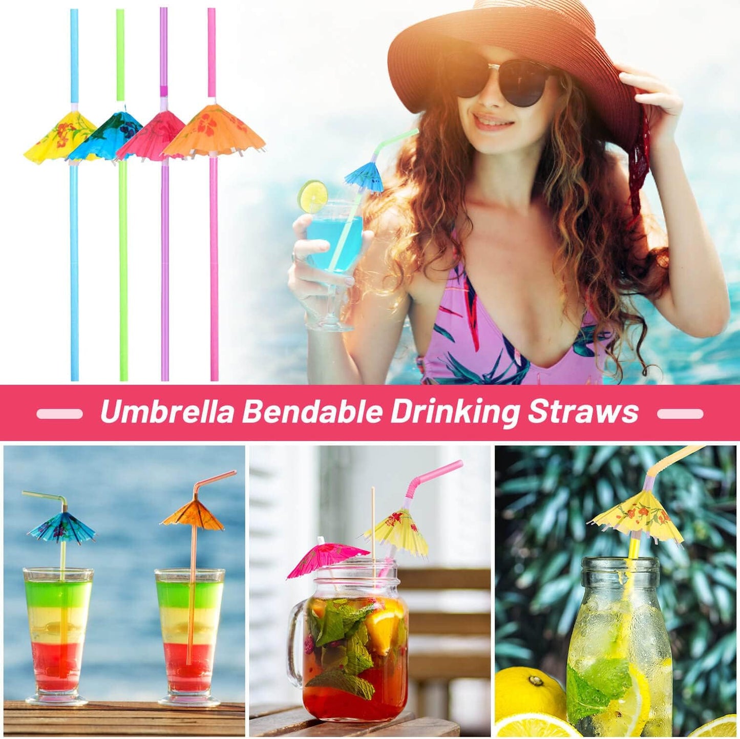 Paxcoo 100pcs Umbrella Straws - Hawaiian Luau Party Straws for Drinks Decorations (Assorted Colors)
