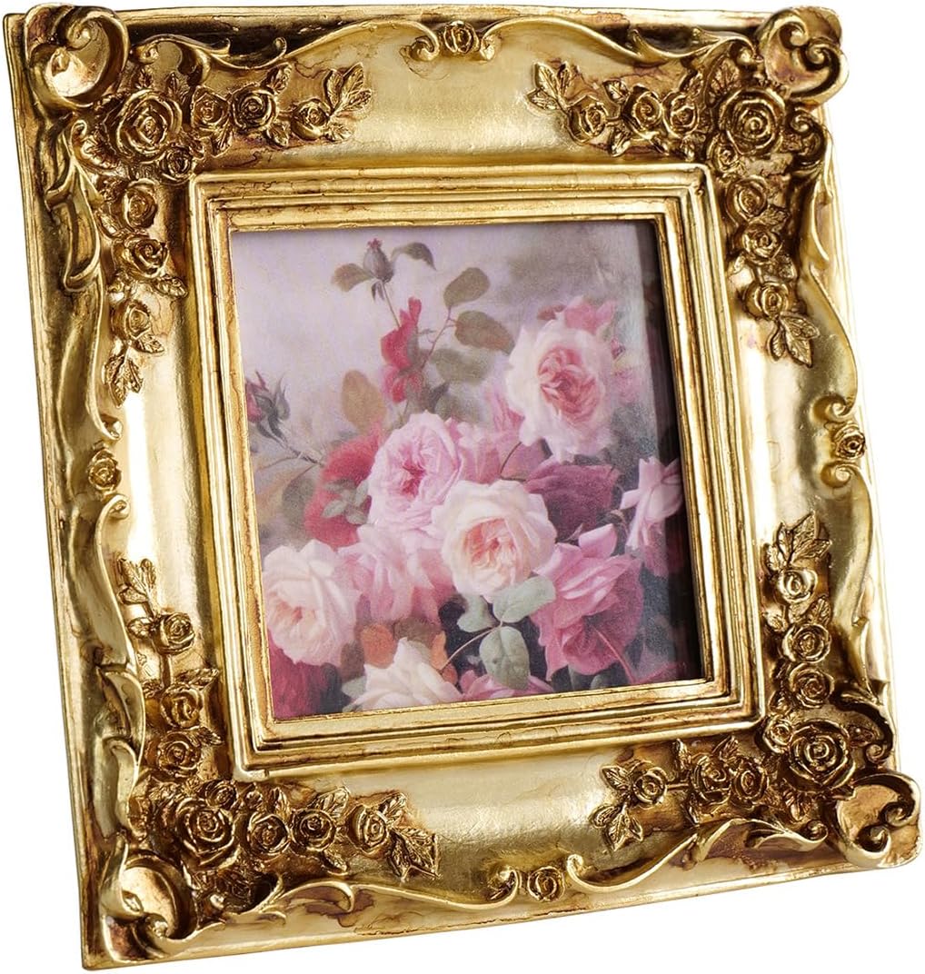 Cuspin Gold Picture Frame 4x4 Frames, Ornate Square Resin Photo Frame with Rose Floral Carvings and Glass Front, Vintage Antique Decorative Picture Frame for Tabletop Display or Home Decor