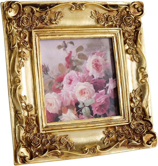 Cuspin Gold Picture Frame 4x4 Frames, Ornate Square Resin Photo Frame with Rose Floral Carvings and Glass Front, Vintage Antique Decorative Picture Frame for Tabletop Display or Home Decor