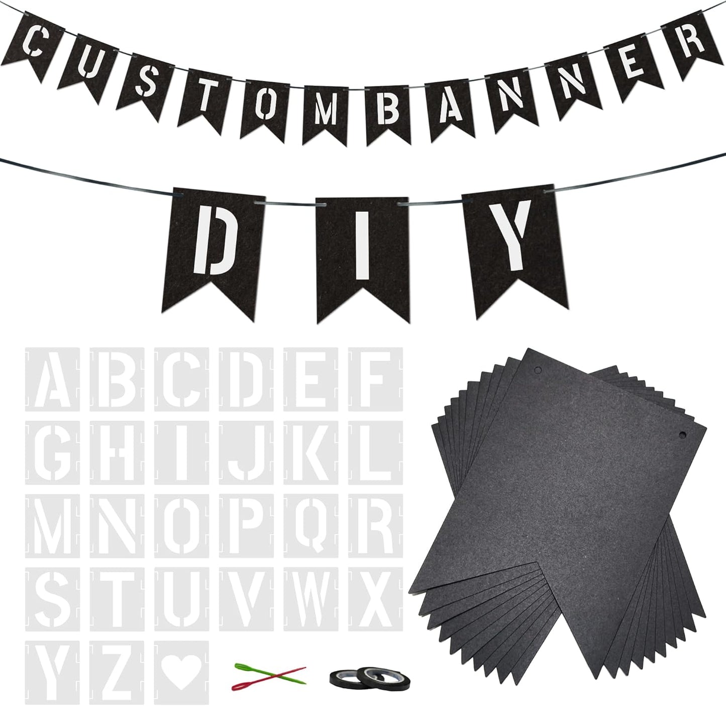 20 PCS Customizable Kraft Banner Set with Letters Stencil, Rustic DIY Party Decorations, Black Blank Banners Kit for Birthday Events