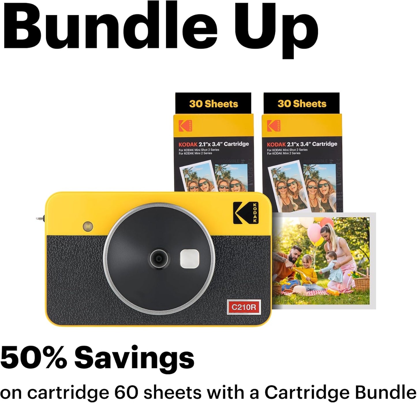 KODAK Mini Shot 2 Retro 4PASS 2-in-1 Instant Digital Camera and Photo Printer (2.1x3.4 inches) Initial 8 Sheets + 60 Sheets Bundle, Yellow