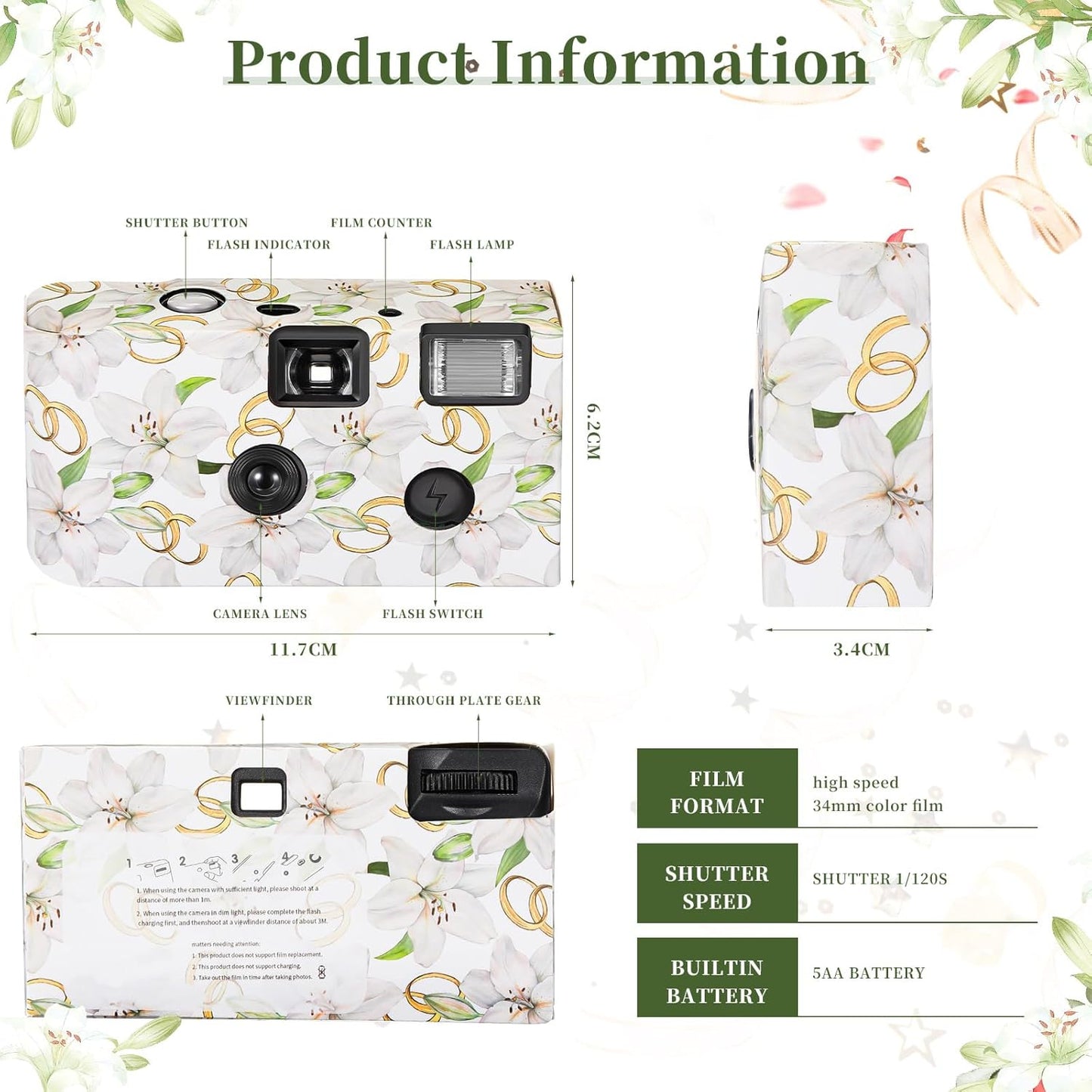 Zhengmy 10 Pack Disposable Camera Bulk for Wedding, 34mm Single Use Camera Bulk with Flash One Time for Gathering Wedding Travel(White Lily,Colorful Film)