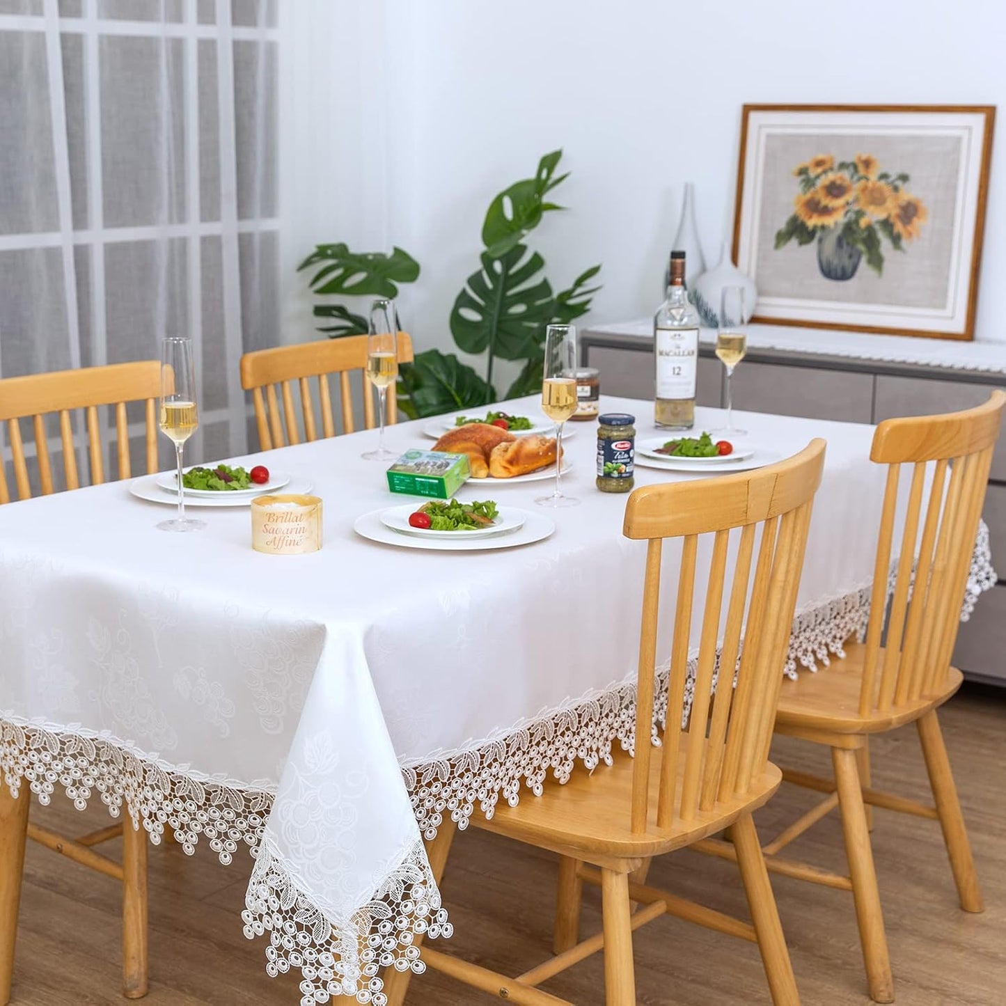 White lace Premium Rectangle Farmhouse Table Runner Waterproof OilProof SpillProof AntiShrink Soft Wrinkle Resistant Decorative Fabric Table Cover Kitchen Dinning Party Wedding Banquet