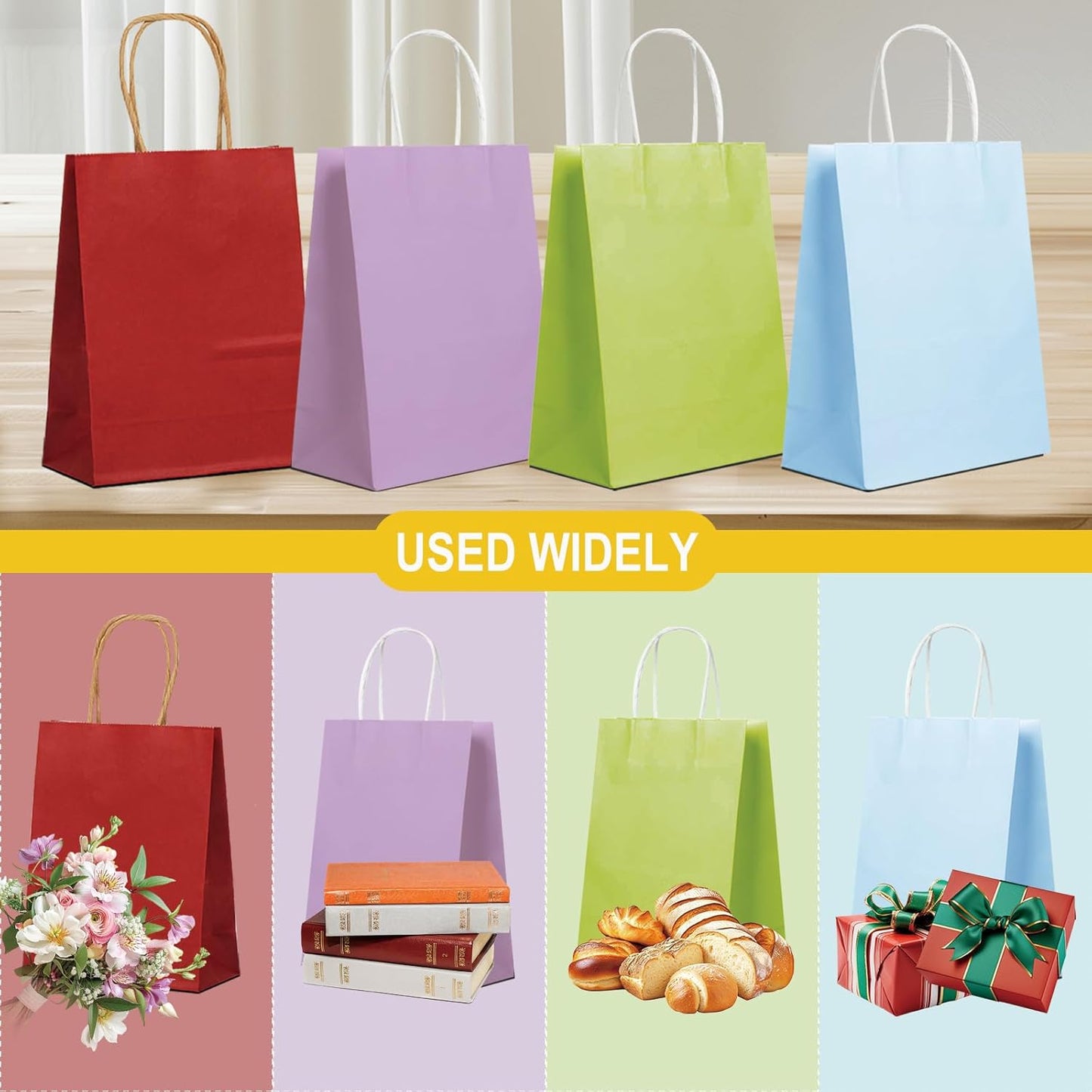 BAG BOX 100 Pack 8.3 * 4.3 * 10.6 Inch Purple Gift Bags with Handles,Bulk Kraft Paper Bags for Shopping, Retail, Merchandise, Wedding, Party Favors, Paper Grocery Sacks