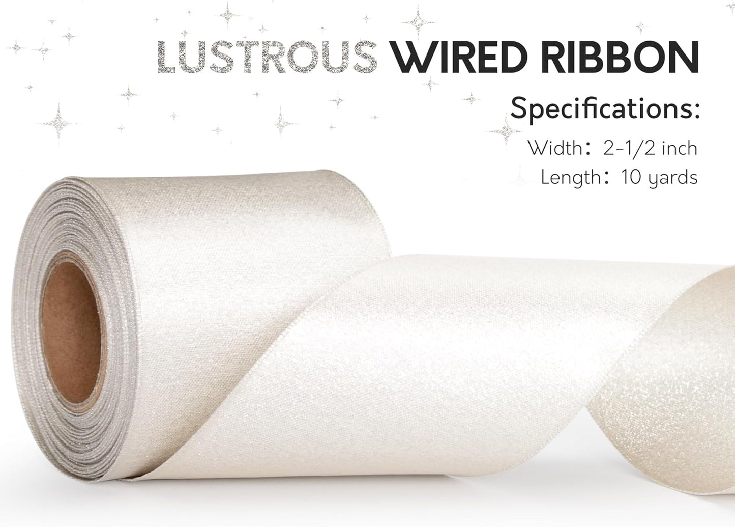 Champagne Satin Wired Ribbon 2-1/2 Inch Double-Faced Sliver Glitter Christmas Ribbons for Wreath, Tree Decoration, Gift Wrapping, Home Decor 10 Yards