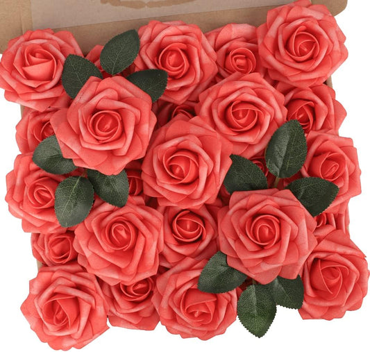 N&T NIETING Artificial Flowers 25pcs Real Looking Coral Foam Fake Roses with Stems for DIY Wedding Bouquets Bridal Shower Centerpieces Floral Arrangements Party Tables Home Decorations