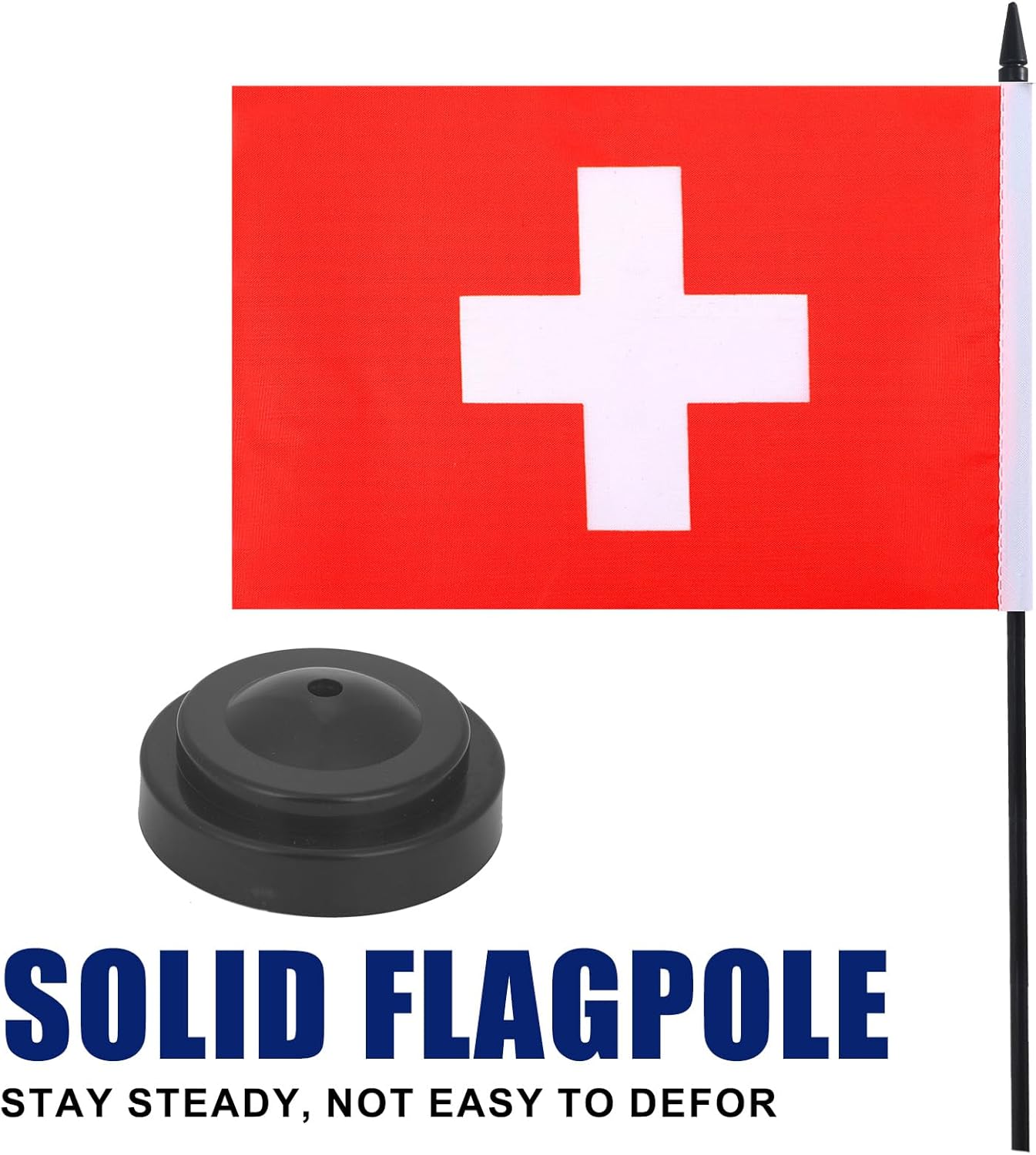 Switzerland Desk Flag 12" Solid Pole Deluxe Set Swiss Flags Banner Mini Small Switzerland Office Table Flags with Black Stand Base Desktop Decorations(2Pack)