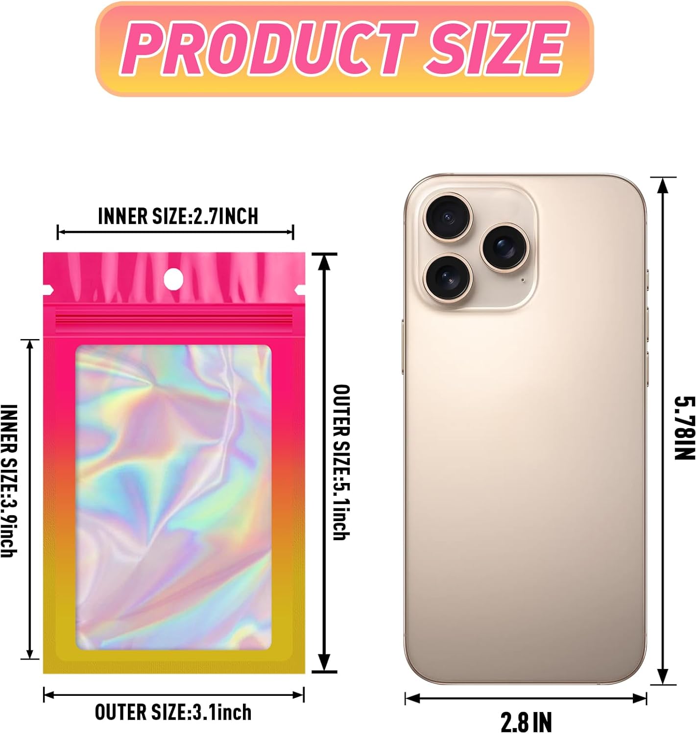 Funfery 100 Pack Gradient Holographic Bags,Mylar Resealable Bags with Zipper,Clear Window Packaging Pouchs,Smell Proof Bag for Food Storage,Sample Jewelry Bag(3.1x5.1In,Hot Pink Orange)