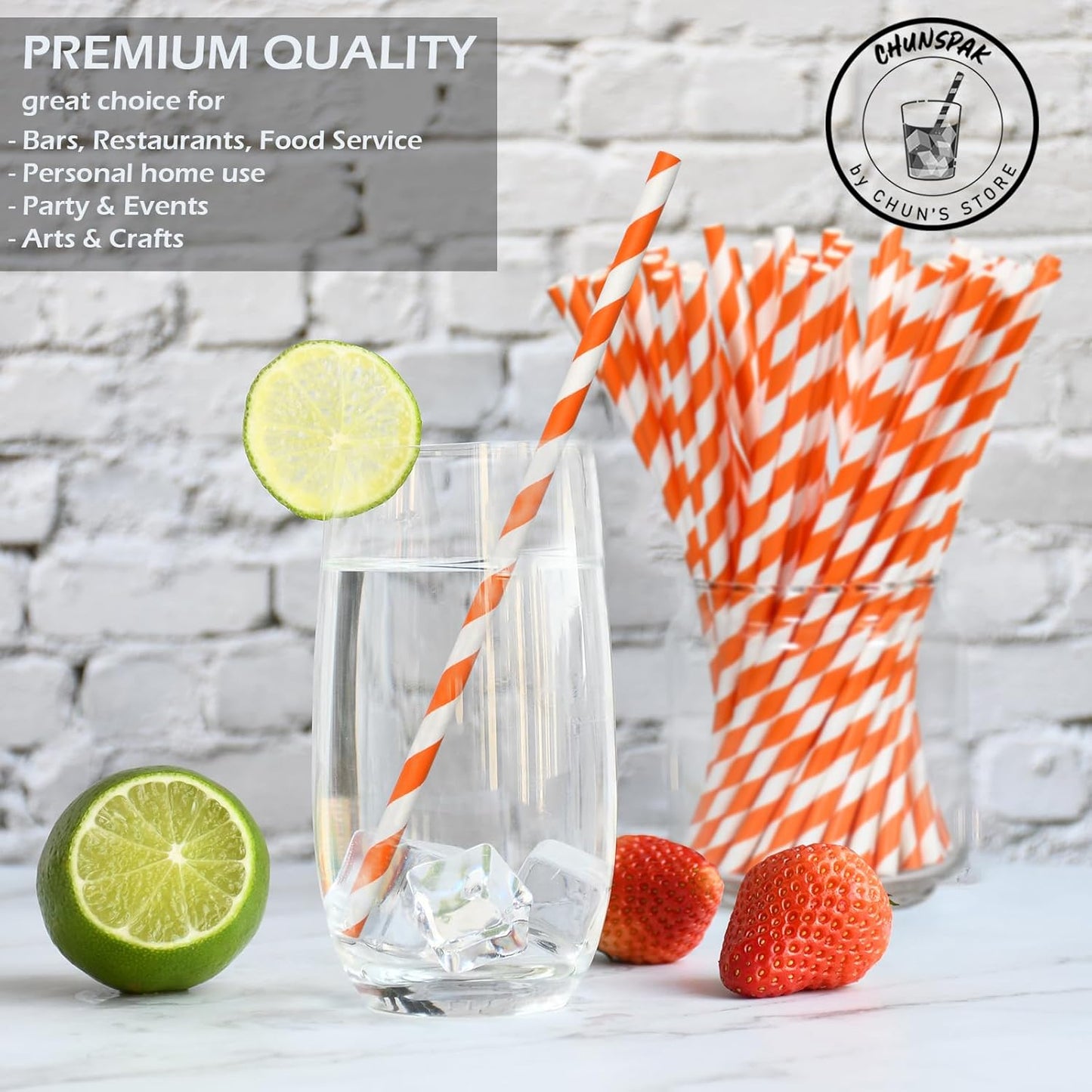 [1000 Count] Chunspak Orange/White Striped Paper Drinking Straws Bulk - 7.75"x0.24", Unwrapped - Biodegradable and Compostable