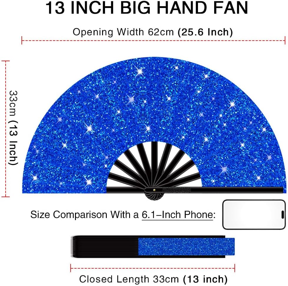 13" Large Folding Rave Fan with Holster, Clack Hand Fans Foldable for Line Dancing, Boots On The Ground Fan for Women Men Festival EDM Party Decoration, Glitter Blue 2 Pack