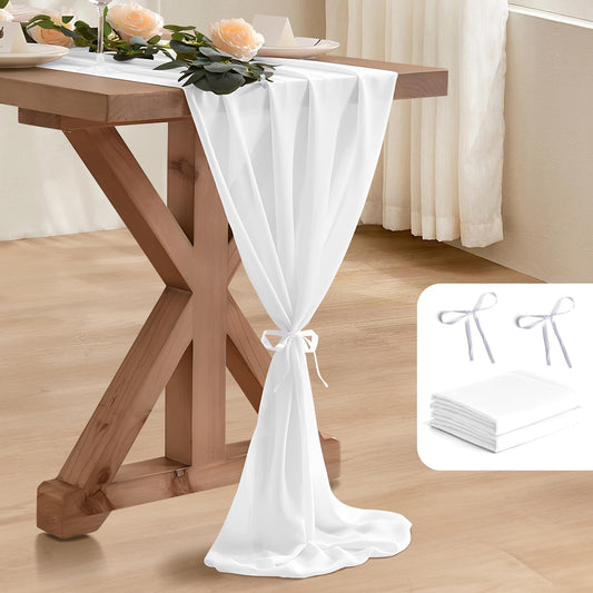 10 Pack 10 Ft Chiffon Table Runner White Gauze Long Table Runners 27x120 Inches Sheer Tulle Table Runner for Rustic Wedding Reception Bridal Shower Decorations Birthday Party
