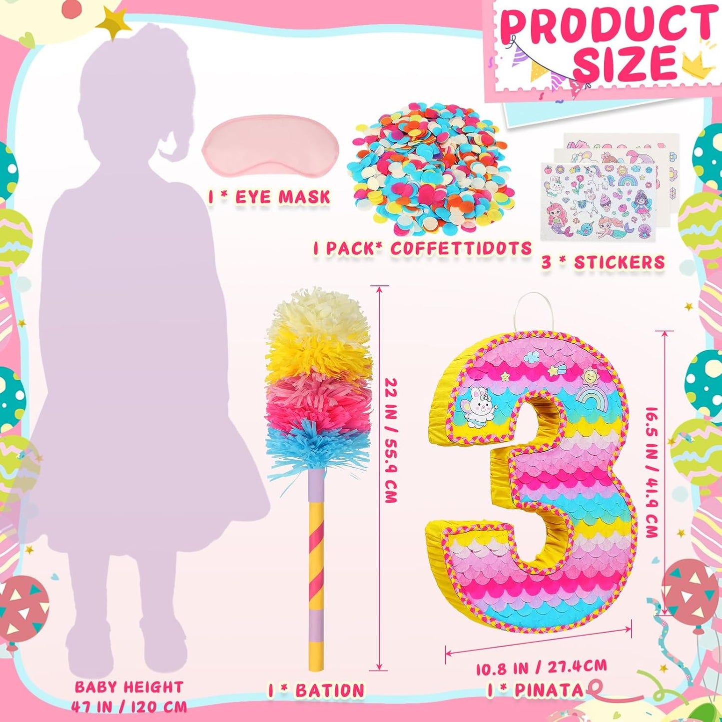 Number 3 Pinata for Birthday Party Decorations, Unicorn Mermaid Theme Pink Piñata Games Toy (3th)