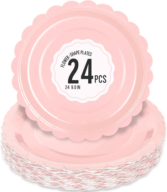 24 Pcs Pink Paper Plates 9 Inch Scalloped Dessert Plates - Disposable Pink Cake Plate - Baby Shower Birthday Party Wedding Bridal Party Supplies