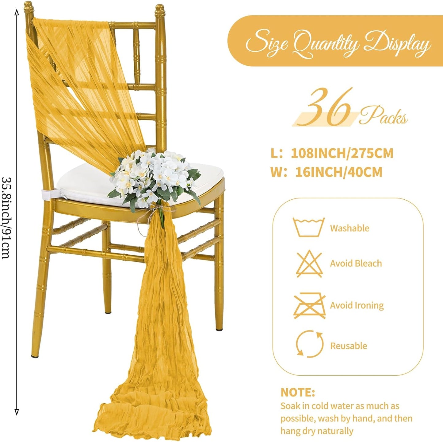 36 Pcs Mustard Yellow Cheesecloth Chair Sashes, 16 x 108 inch Gauze Fabric Washable Chair Sashes Bows Designed for Aisle Decorations Universal Chairs Cover Decor for Wedding Reception Party Banquet