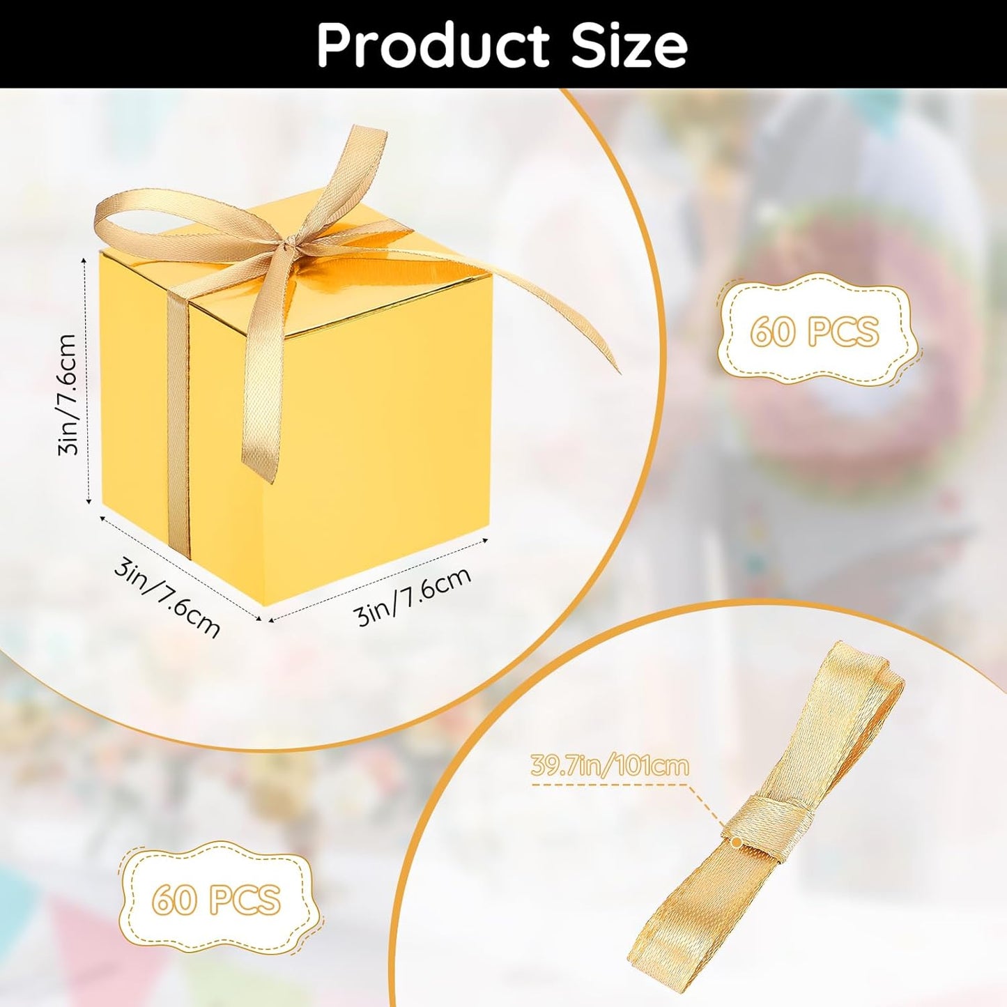 EUSOAR Candy Boxes Party Favors, 60pcs 3x3x3 Inches Gold Macaron Boxes Small Gift Box with Ribbon, Cube Thank You Gifts Box Macaron Mini Muffins Container for Wedding Bridal Party Favor Decorations