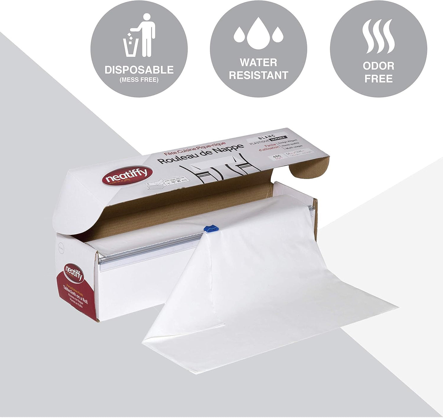 Neatiffy Disposable Plastic Table Cloth Roll | 54 in x 108 Ft Waterproof Tablecloth | Table Cover for Rectangle, Square, Round Oval Tables | Picnic, Party, Banquet, Birthdays, Weddings - White