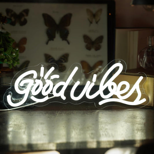 good vibes only neon sign for Backdrop wall decor,Cool White LED Neon vibes Sign, dimmable and USB powered,good vibes light up sign for gifts,party,club,Kids,Adults, vibe signs size:15.75 * 5.98In