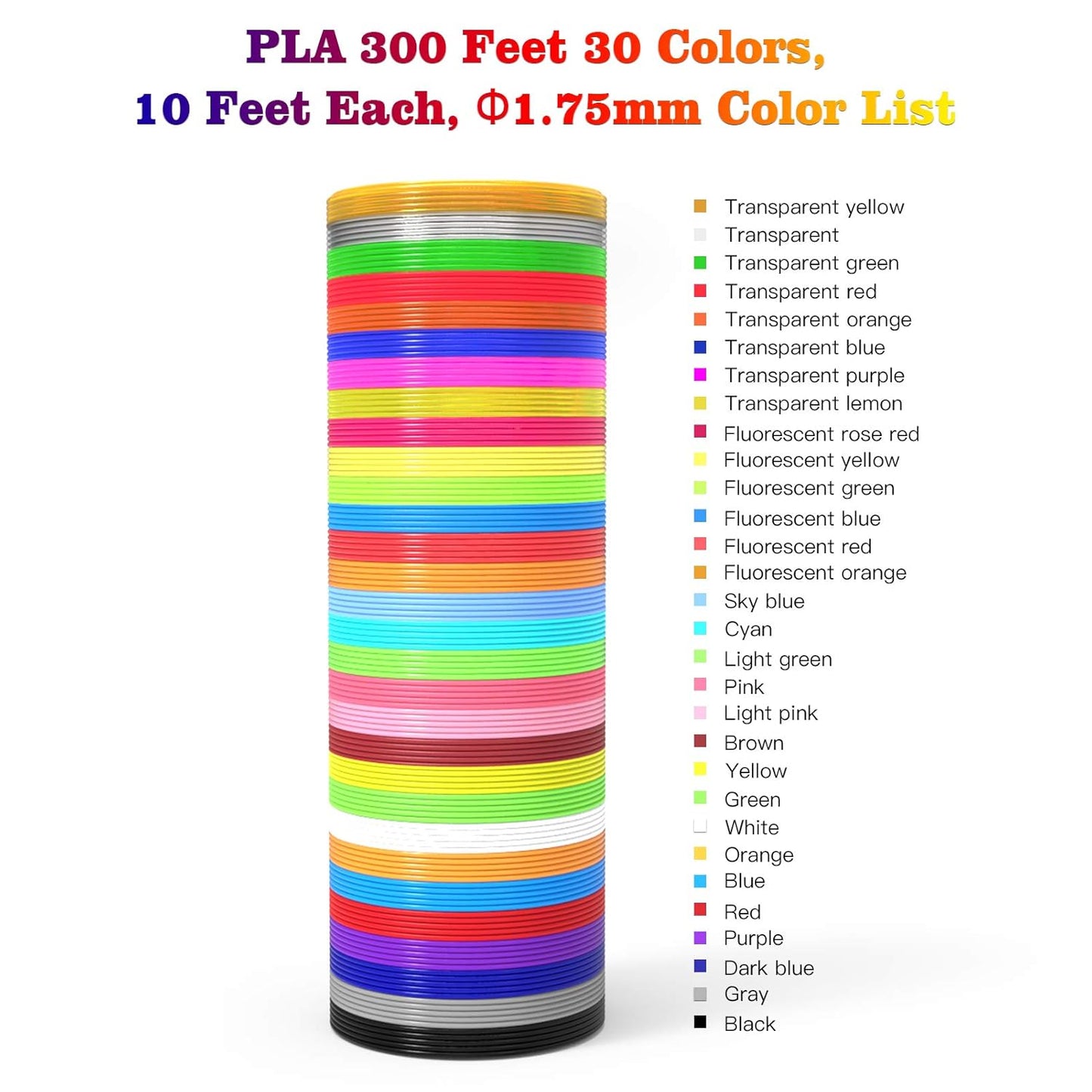 3D Pen Filament Refills 30 Colors, Bonus 250 Stencils eBooks - 3D Pen Filament PLA 1.75mm,Non-Toxic, Smooth Printing Refills
