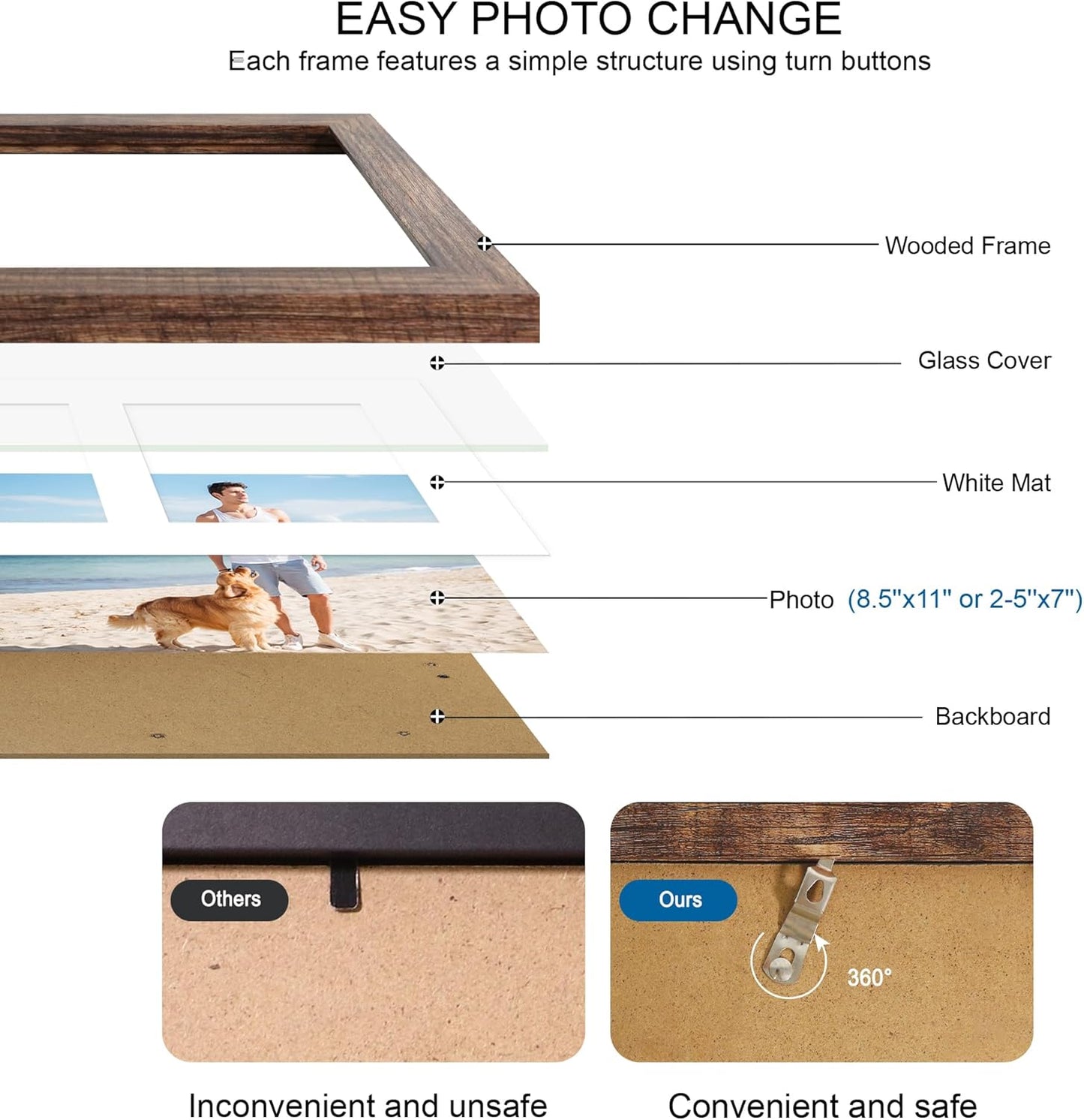 8.5x11 Picture Frame Set of 2, Rustic Brown Certificate Document Frames with Glass Collage Frame, Display Pictures Two 5x7 With Mat or 8.5 x 11 Without Mat for Wall Hanging or Tabletop