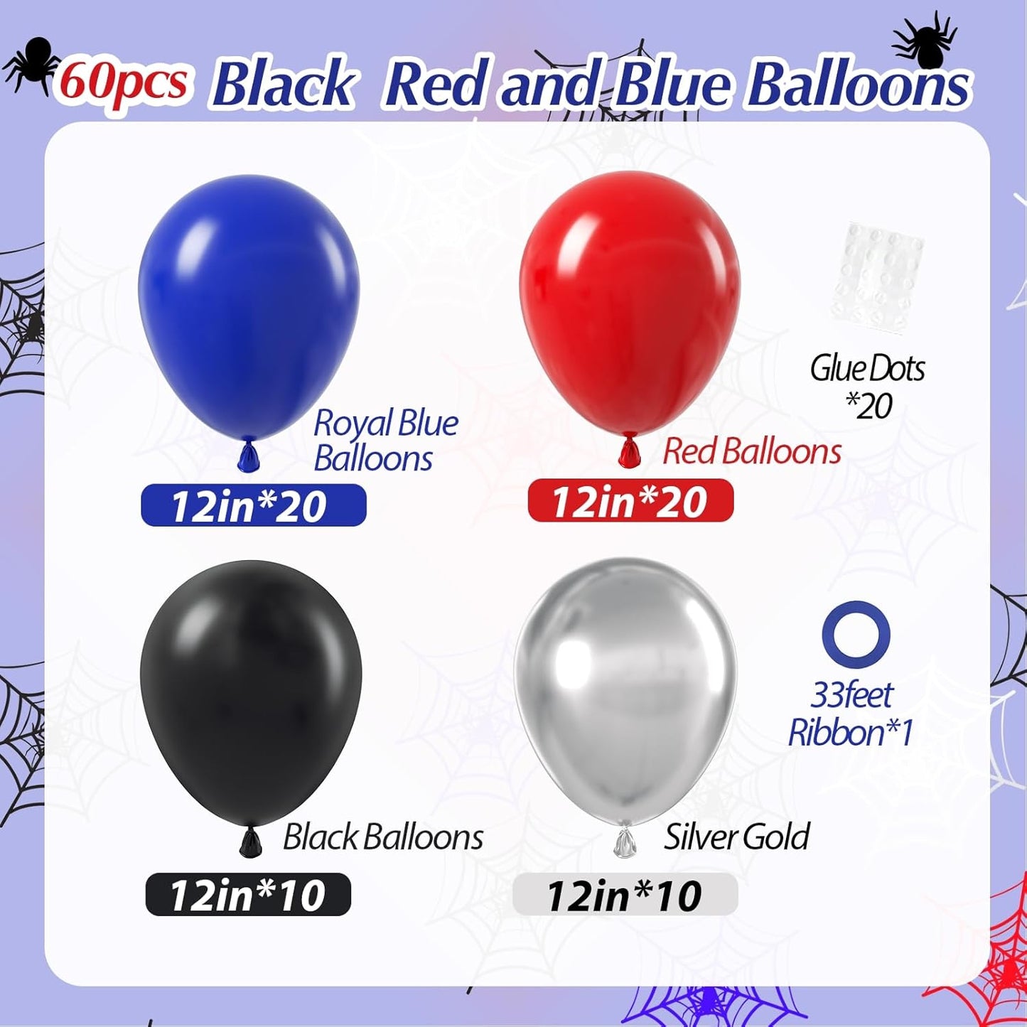 60pcs Spider Theme Balloons, Black Silver Red and Blue Balloons for Baby Shower Spider Theme Birthday Party Decorations