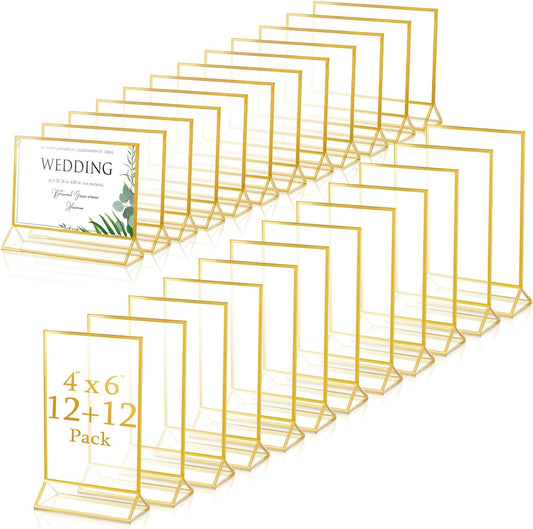 24 Pack Gold Picture Frames 4 x 6 Inch Clear Acrylic Sign Holders Double Sided Display Frames Bulk with Stand 2 mm Gold Border for Table Numbers Wedding Party (Horizontal, Vertical)
