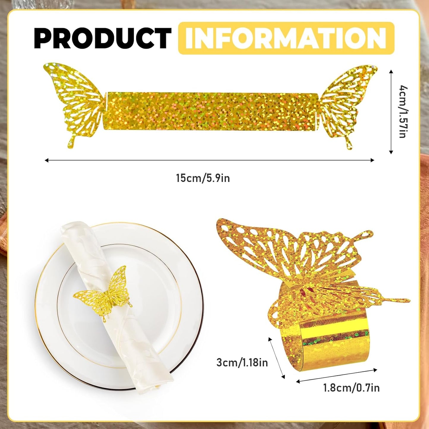 100 Pcs 3D Gold Butterfly Iridescent Napkin Rings Silverware Wraps Bands,Table Setup Sequined Wedding Valentines Day Event Party Supply Settings, Glossy Serviette Buckles Decoration(Gold)