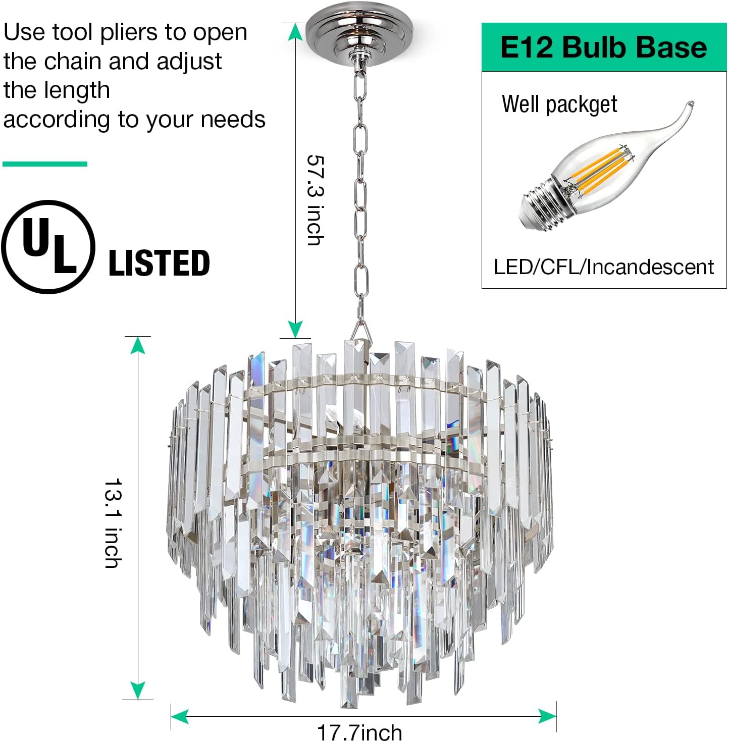 Chrome Crystal Chandelier Lighting 17.7'' for Dining Rooms Bedroom Foyer Entryway Ceiling Hanging Pendant Chandelier Light Fixture Lamp