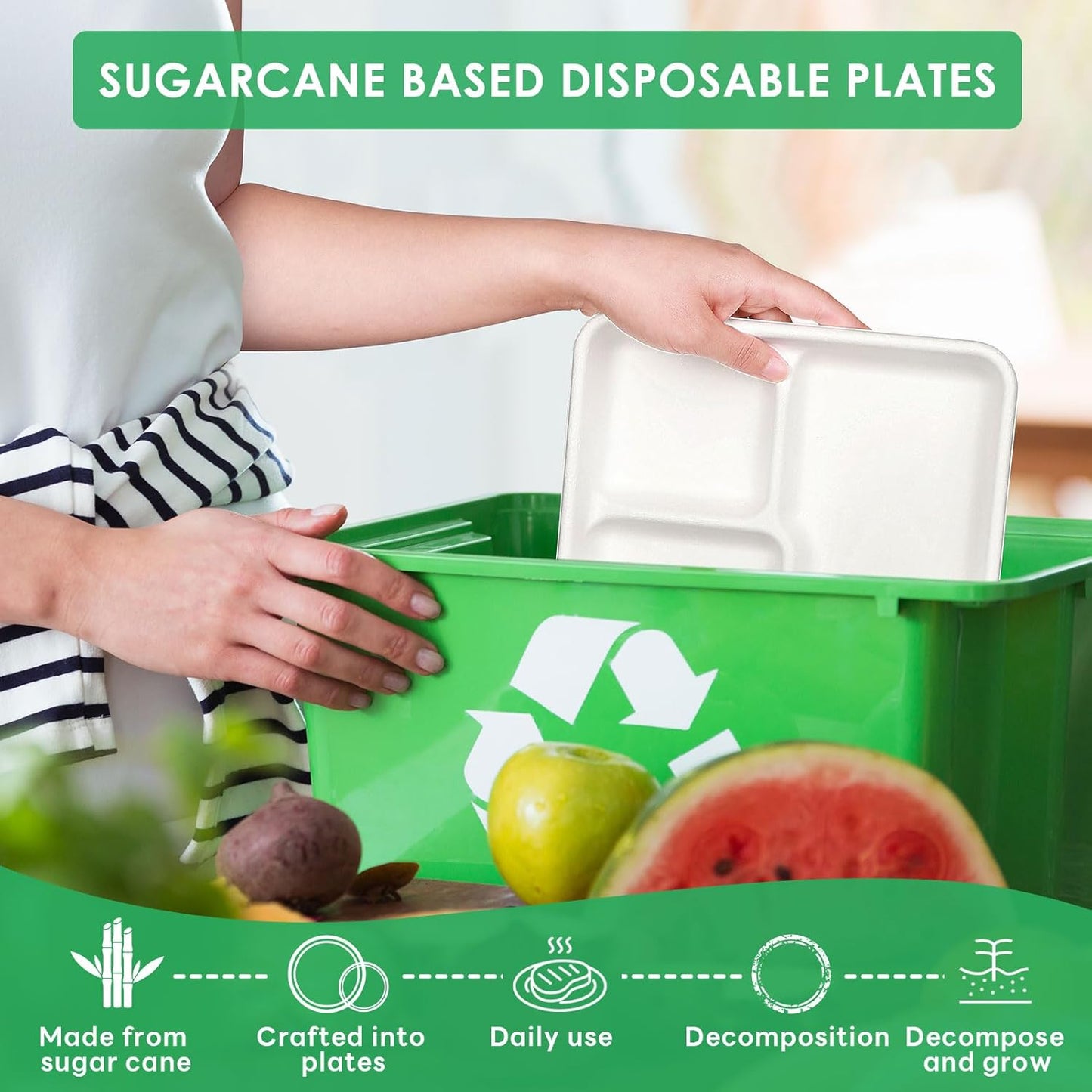 Gezond 100% Compostable 5 Compartment Plates 12.5 * 8.6 Inch, 100 Pack Disposable School Lunch Trays, Eco-Friendly Sugarcane Plates for Party Buffet Lunch Dinner