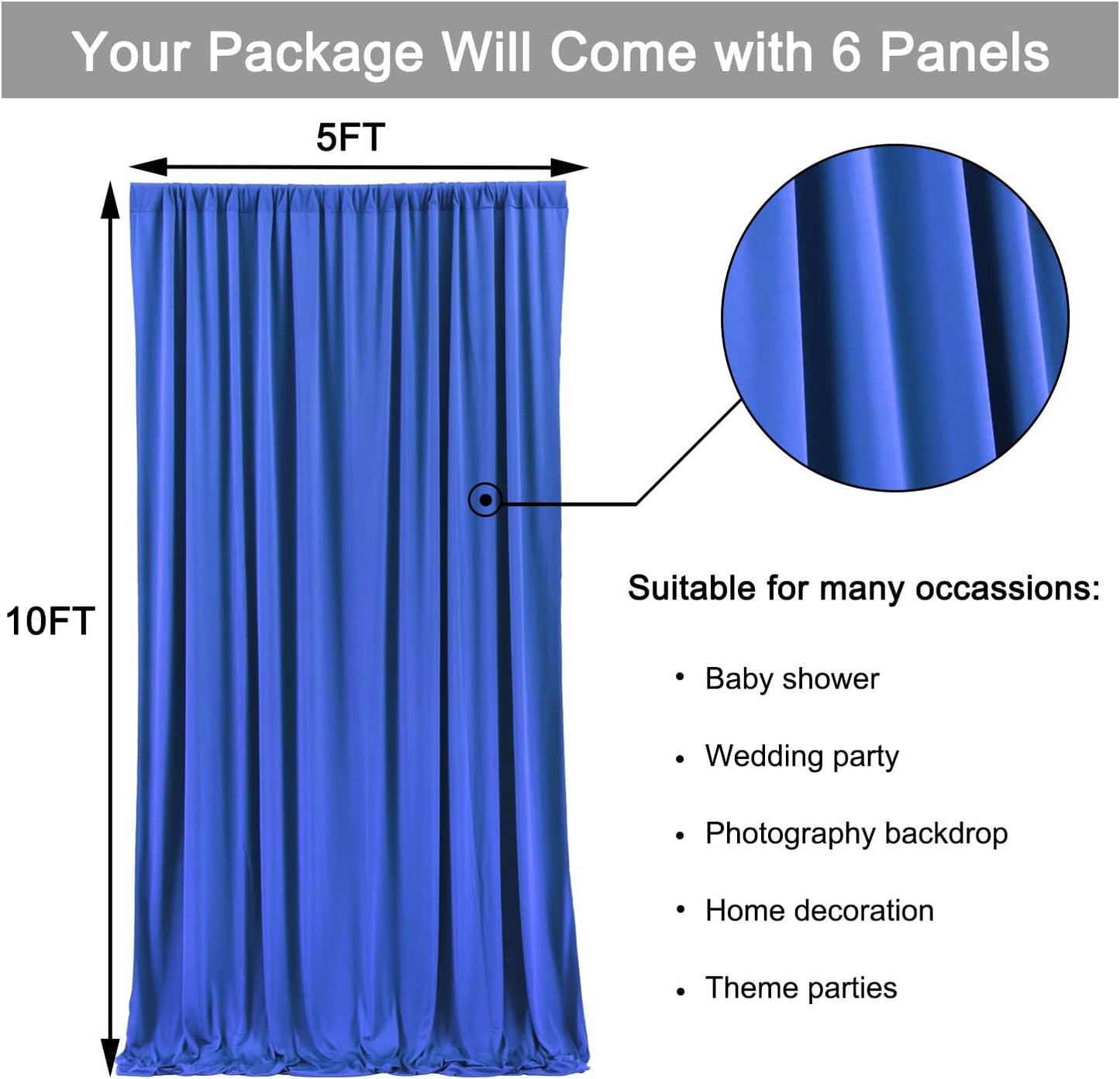 30ft x 10ft Wrinkle Free Royal Blue Backdrop Curtain for Party, Polyester Royal Blue Photo Backdrop Drapes 6 Panels 5x10ft for Birthday Photography Background Weddings Baby Shower Party