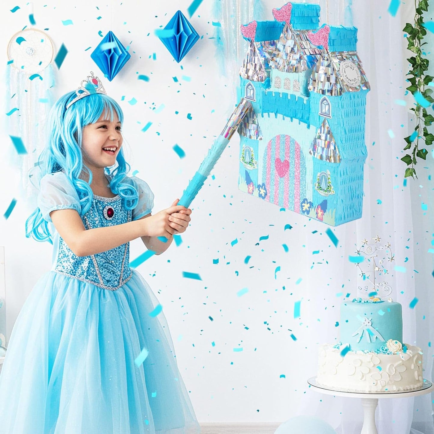 WERNNSAI Princess Castle Pinata - Ice Castle Pinata Blue Princess Party Decorations for Girls Birthday Party Game Magical World Birthday Party Decoration Supply Winter Fairy Party Game