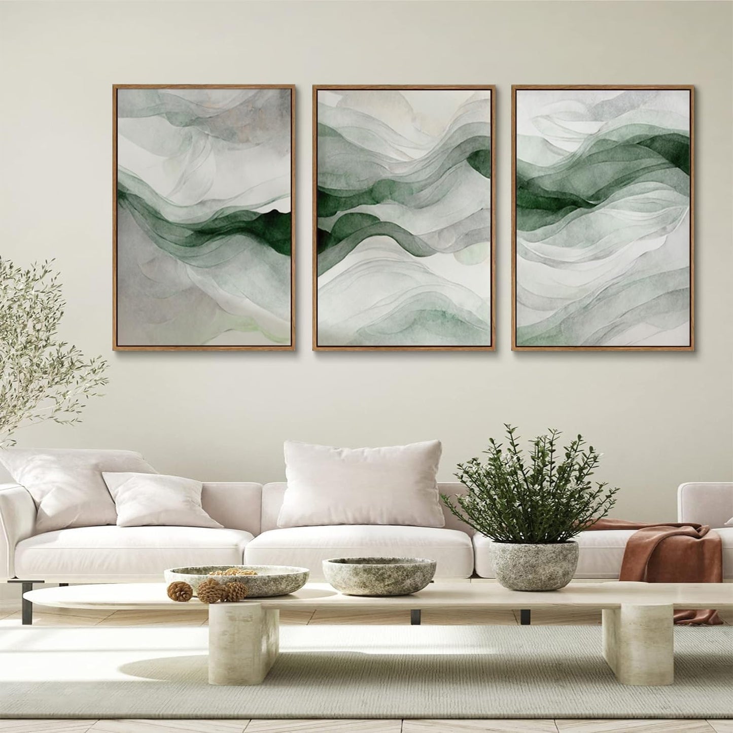myusuar 3 Piece Large Abstract Framed Wall Art For Living Room, Smoke Texture Ink Teal Soft Green Canvas Wall Art Modern Minimalist Art Prints Wall Décor For Bedroom Office 12x16in