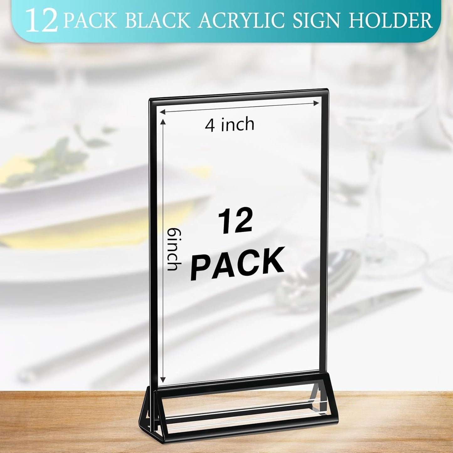 12 Pack Acrylic Sign Holders with Black Border Table Sign Number Holders Double Sided Clear Frame for Wedding Restaurant Picture Centerpiece Party Anniversary(4 x 6 Inch)(4 x 6 Inch)