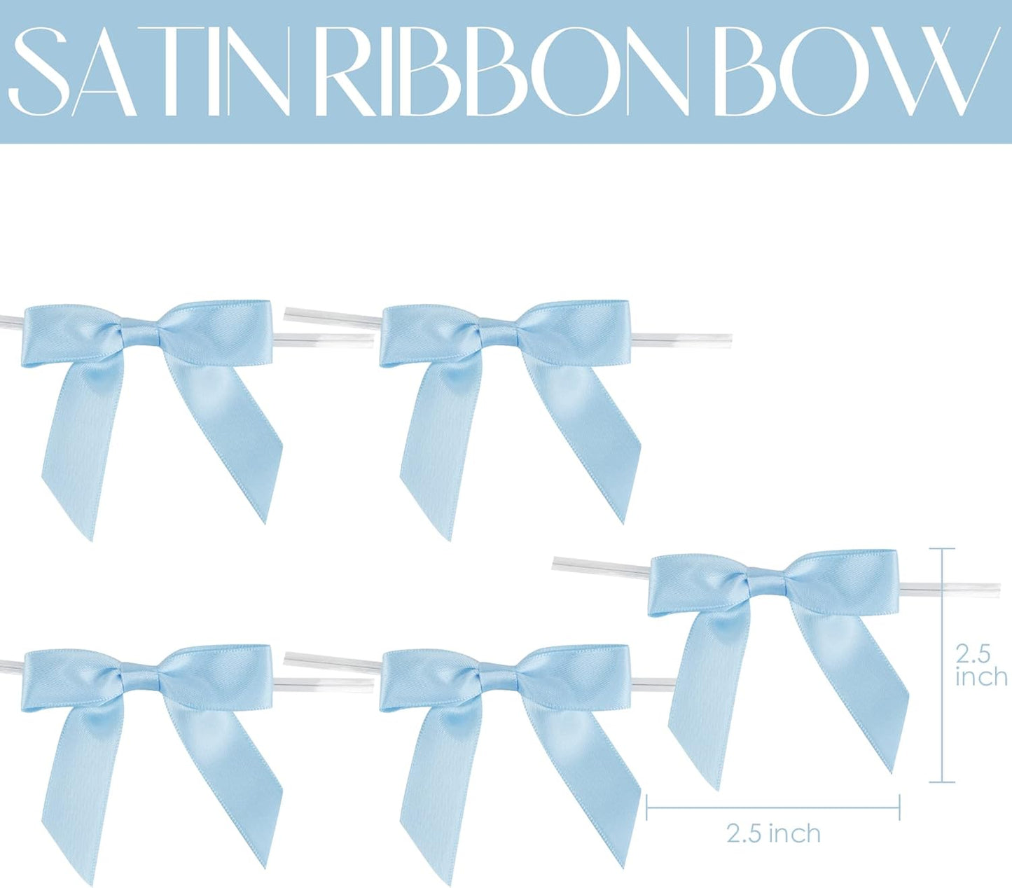 AIMUDI Light Blue Satin Ribbon Twist Tie Bows 2.5" Pretied Blue Bows for Baby Shower Premade Baby Blue Bows for Crafts Treat Bags Cake Pop Gift Wrapping Wedding Party Favors Goodie Bags - 50 Counts