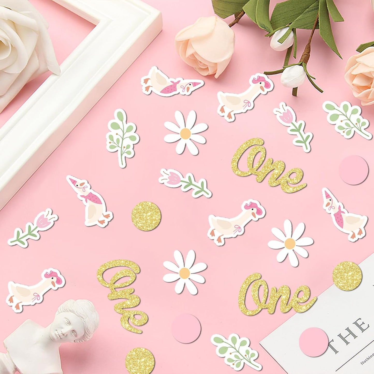 220PCS One Silly Goose Birthday Decor for Girl, Goose Dot Leaves Flower 1st Birthday Confetti for Pink and Gold First Bday Decorations.
