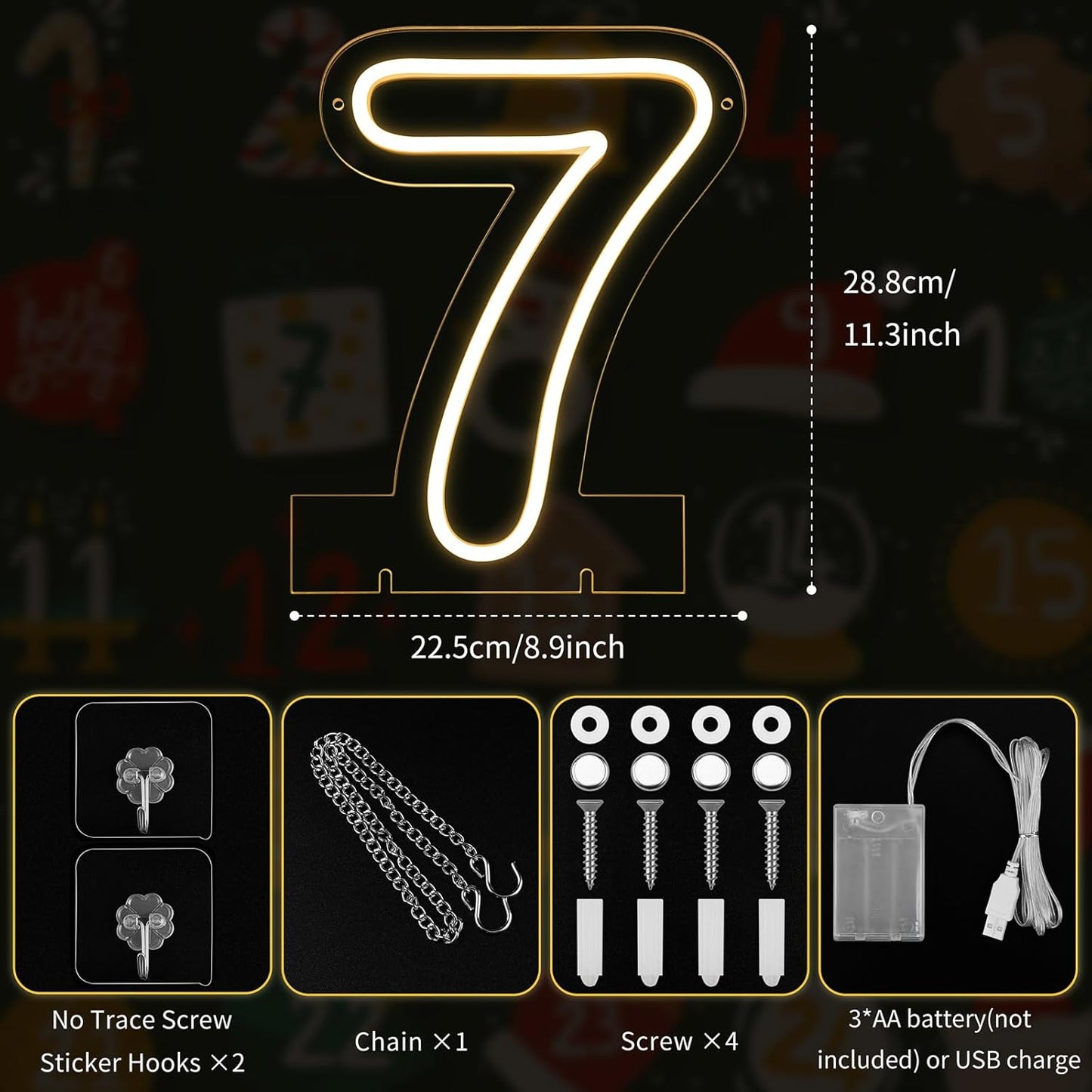 Number 7 LED Neon Sign Backdrop Birthday Party Decoration, 11.3" Height Warm White Marquee Numbers Seven Light Up Sign for Wedding Anniversary Window Wall Table, Indoor Battery Operated or USB