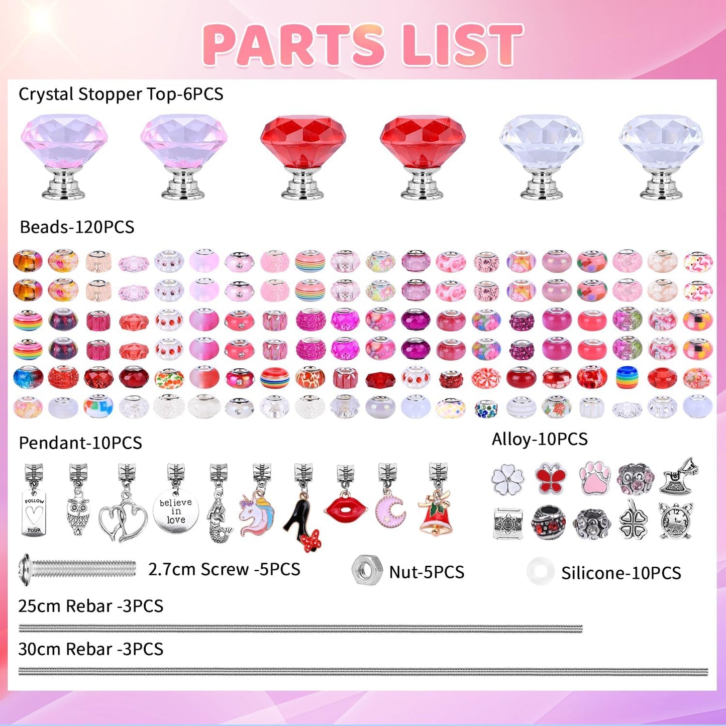DIY Fairy Wand Garden Beads Stakes Wands Kit,Multiple Color Scheme European Beads Crystal Diamond Tops and 12 or 10 Inch Threaded Rods,Stainless Steel Stakes with Diamond Toppe(Pink+Rose+Red+White)